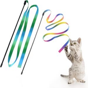 Interactive Cat Rainbow Wand Toys, Interactive Cat Teaser Wand String, Colorful Ribbon Charmer for Most Cats and Kittens - 2 PCS