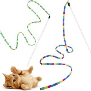 Interactive Cat Rainbow Wand Toys for Indoor Cats and Kittens,Extended Colorful Cat Teaser Wand String Plush Toy,Original Product Strong and Sturdy Pole with Bells(2 Pack)