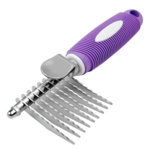 Detangling Pet Comb for Dog & Cat, Grooming Comb with Long & Short Stainless Steel Teeth, Safely Remove Knots & Tangles for Healthy Shiny Coat, Gentle Effective Detangling Tool for Pet Hair (Violet)