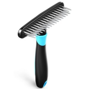 Deshedding Brush - Undercoat Rake for Dogs, Cats, Matted, Short, Long Hair Coats - Double Row Stainless Steel Pins - Reduce Shedding by 90% (Blue)