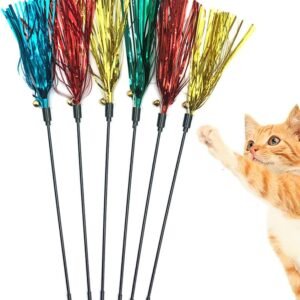 Cat Toy Wand 6 PCS Interactive Cat Teaser Wand with Sound Paper Tassels and Bell for Cat and Kitten