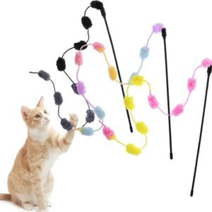 Cat String Toys, 3 Pack Interactive Cat Teaser Wand String Toys Colorful Ribbon with Furry Plush Balls for Kittens Stick Cat Toys for Indoor, Cats to Play Chase Exercise