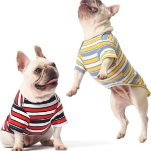Dog Shirts Cotton Striped T-Shirt, Summer Pet Clothes for Small Dogs, 2-Pack Soft Puppy Apparel Cat Tee, Breathable Stretchy, Red Yellow M