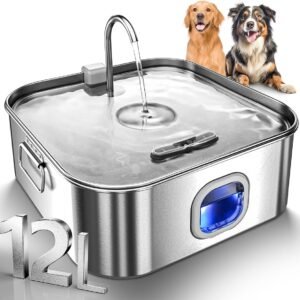Dog Water Fountain Stainless Steel, 410oz/3.2Gal/12L Large Pet Water Fountain for Large Dog, Dog Water Bowl Dispenser with Water Level Window & LED Indicator, Super Quiet for S-L Dogs and Multi-Pet