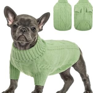 Small Dog Pullover Sweater, Cold Weather Cable Knitwear, Classic Turtleneck Thick Warm Clothes for Chihuahua, Bulldog, Dachshund, Pug, Yorkie (Green, Small)