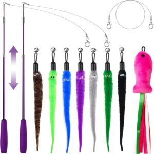 11PCS Cat Wand Toy, Cat Toys Interactive for Indoor Cats, 2 Retractable Cat Wand, 7 Worm Cat Teaser Toys and 1 Plush Fish Cat Toy, Cat Feather Toys for Play Chase Exercise with Kitten, Extra 1 Line