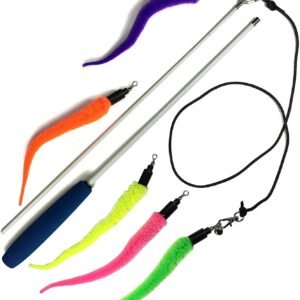 Cat Wand Toy: 5-Piece Worm Teaser & Exerciser - Durable Flirt Pole/Cat Teaser Toy – Interactive Fun for Feline Fitness