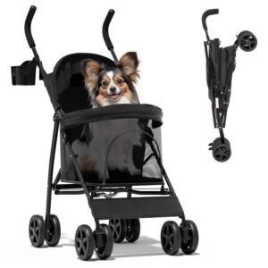 Compact Pet Stroller for Small-Medium Dogs/Cats up to 22lbs, 4-Wheel Lightweight Umbrella Shaped Portable Puppy Travel Jogger with Breathable Mesh, Cup Holder & Rear Storage, Black