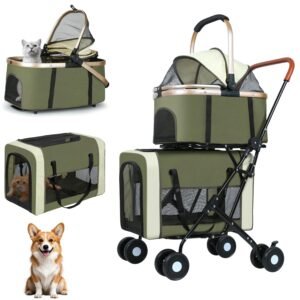 Double Pet Stroller for Dogs and Cats: Dog Stroller Foldable Travel Carriage with Detachable Carriers, Safety Belts, and 4 Lockable Wheels for Small to Medium Pets – Ideal for Multi-Pet Homes (Green)