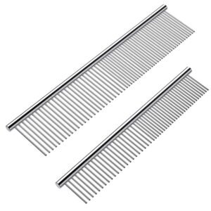2 Pack Dog Combs with Rounded Ends Stainless Steel Teeth, Cat Comb for Removing Tangles and Knots, Professional Grooming Tool for Long and Short Haired Dog, Cat and other pets, 6.3IN/7.4IN