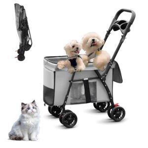 Foldable Pet Stroller for Small Medium Cat Dogs Portable Pets Carriers Strollers with 4 Wheels Up to 55Lbs Puppy Strolling Cart Travel (Gray)