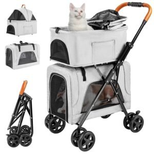 Double Pet Stroller with Detachable Carrier for Medium Small Dogs and Cats, Lightweight Dog Stroller Travel Carriage with No-Zip Canopy Storage Basket One-Click Folding and One-Foot Brake