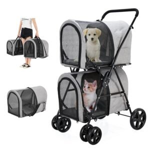 Double Pet Stroller for Dogs and Cats with 2 Detachable Carrier, Quick-Folding Dog Stroller for Small Medium Dogs Cats, 4 Wheels, Gray