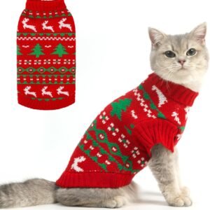 Cat Sweater Turtleneck- Soft Knit Cat Christmas Sweaters for Cats Only, Elk Christmas Tree Pattern Thick Warm Cold Weather Pet Clothes Outfit for Small Medium Large Size Kitten Puppy Red S